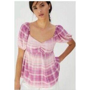 Anthropologie En Elly Plaid Ombre Crinkled Babydoll Blouse Pink Women's S